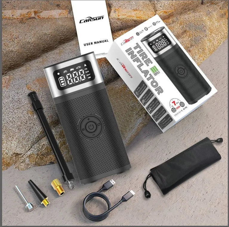 Black portable wireless vehicle air pump with USB charging cable, 15cm tube, and nozzles for bicycle, ball, and swimming ring.