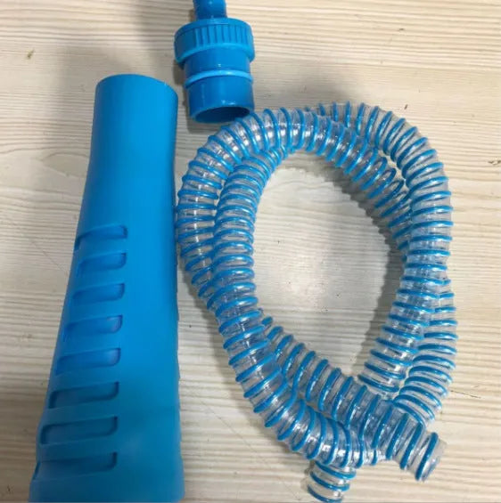 Blue plastic washing machine dust cleaner pipe with round head measuring 114cm long with three bag attachments