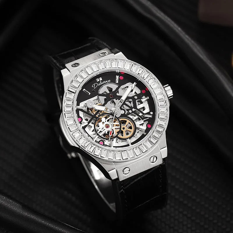 Men's mechanical watch with hollow movement, diamond studs, and white shell dial in 16mm thickness