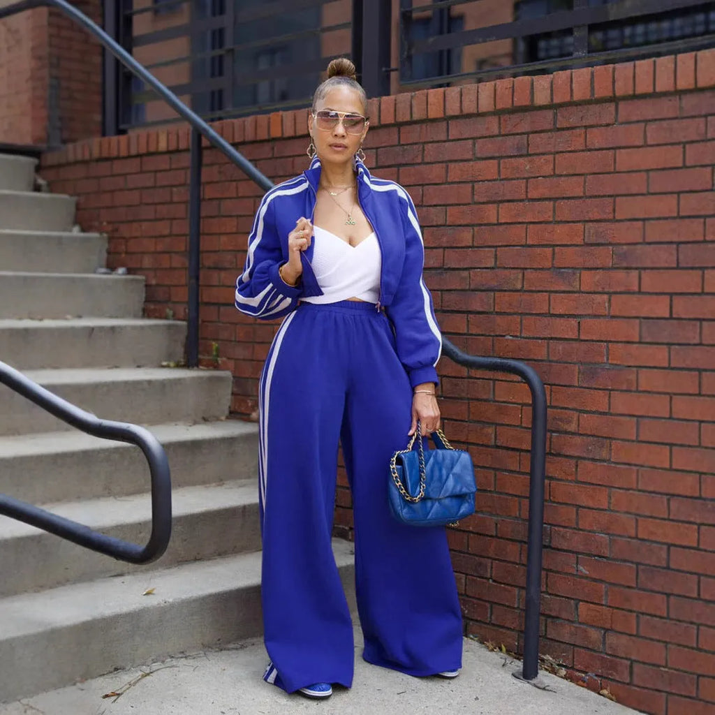 Striped zipper sweater and trouser two-piece set in street hipster style