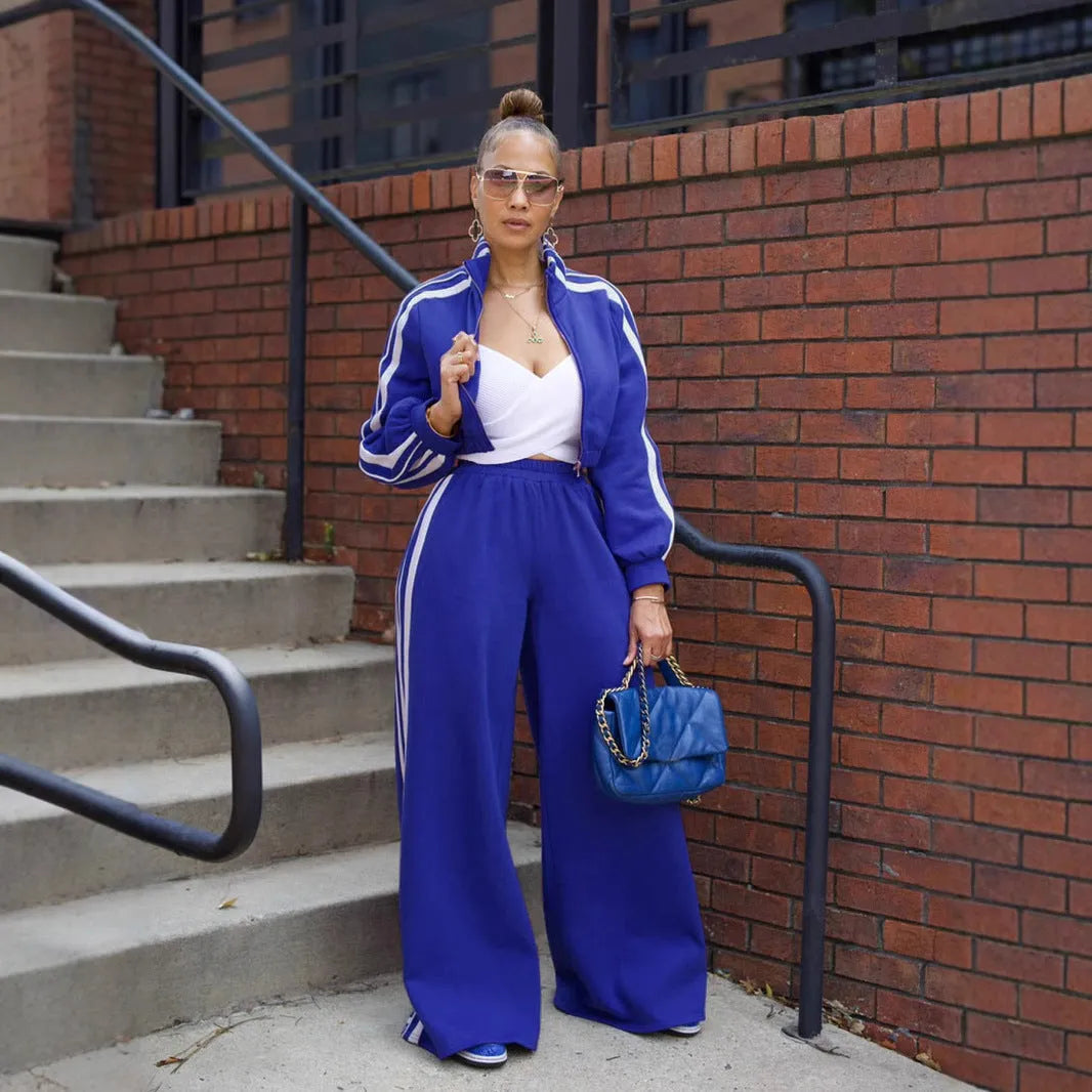 Striped zipper sweater and trouser two-piece set in street hipster style