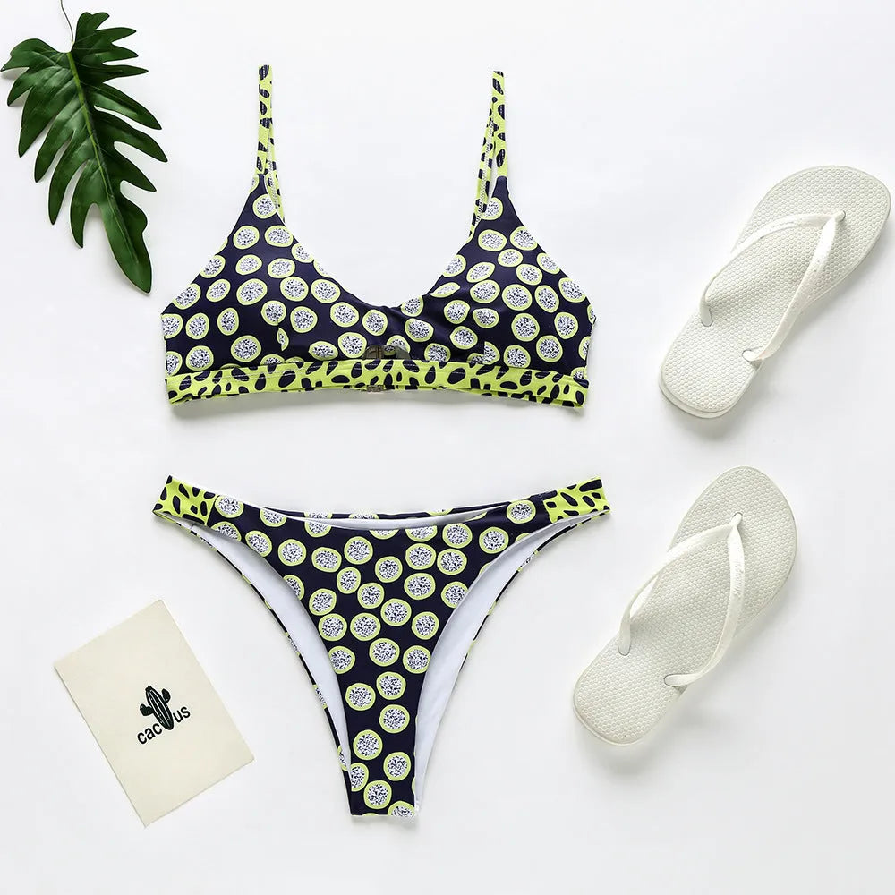 Women's bikini swimsuit in black and white dots or red and white stripes pattern.