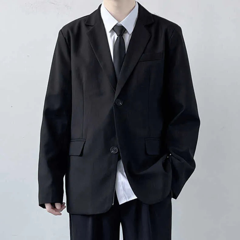 Plus size men's loose fit suit jacket and trousers with white shirt and tie in college style