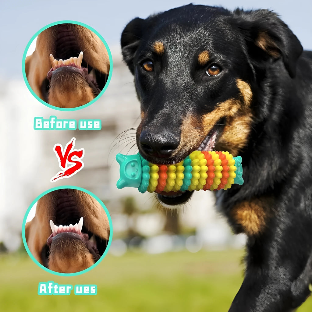 Blue green pink rubber caterpillar dog chew toy 17cm long for aggressive chewers