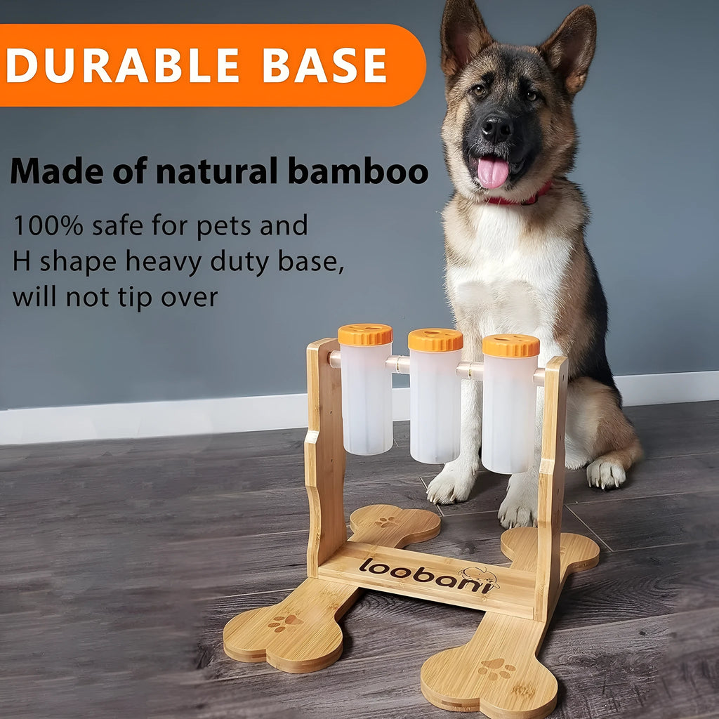 Wood colour dog puzzle toy measuring 31x30x20cm with interactive food dispensing design