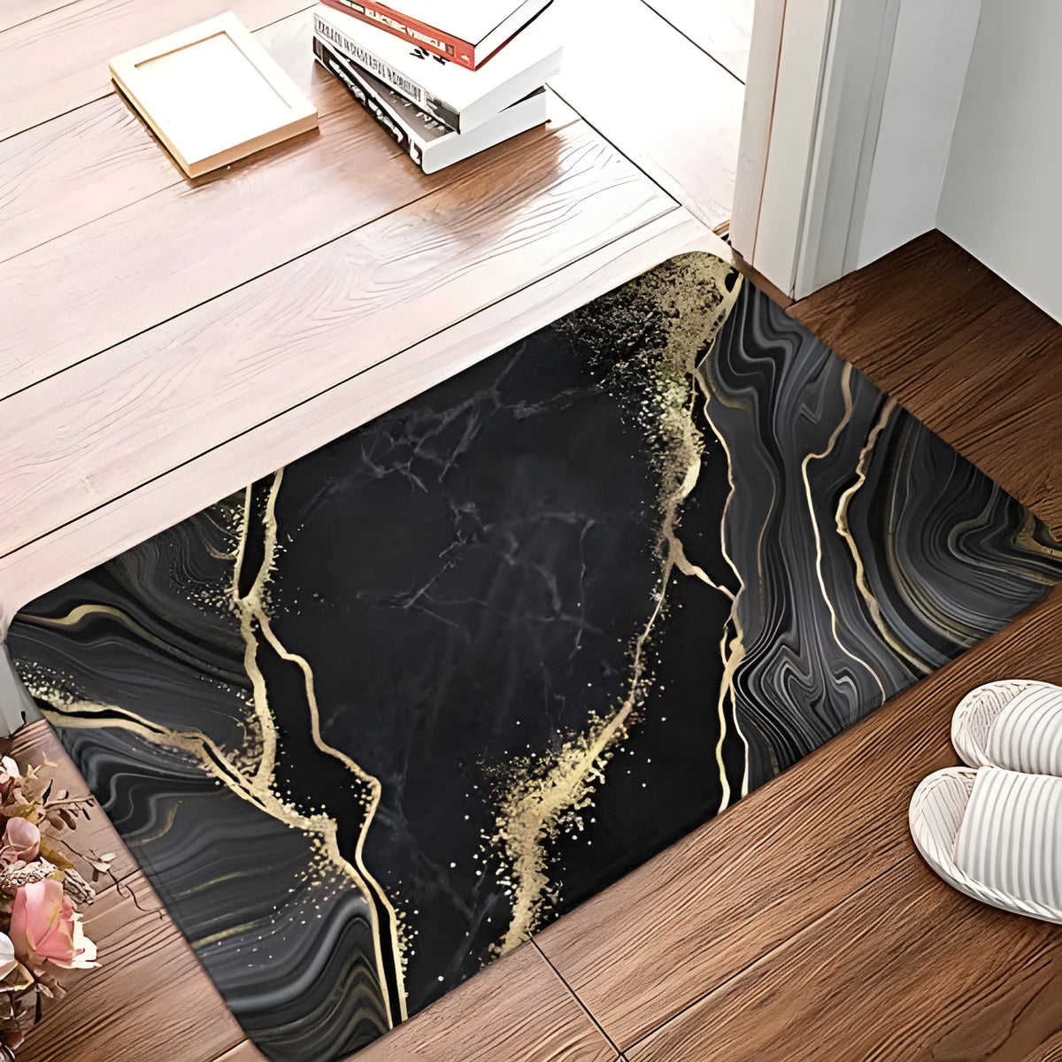 Square polyester floor mat with coastal starfish print in modern simplicity styling