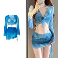 Blue four-piece women's bikini swimsuit set showing shirt, bra, underwear, and skirt with high-waisted design