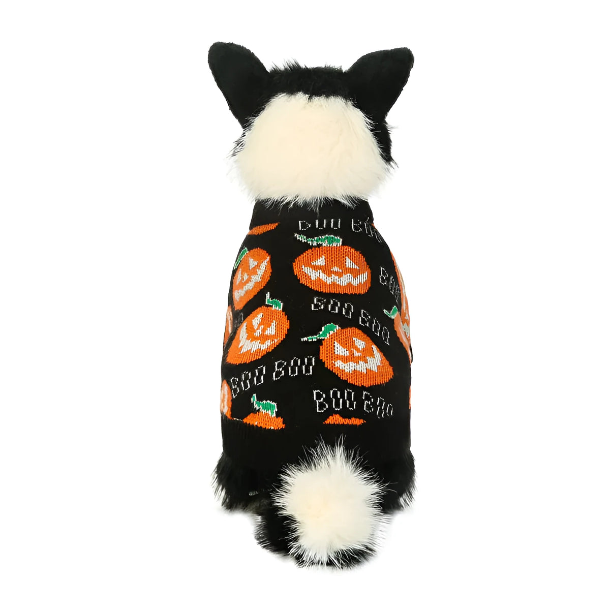 Black Halloween dog sweater with orange pumpkin pattern shown on model dog