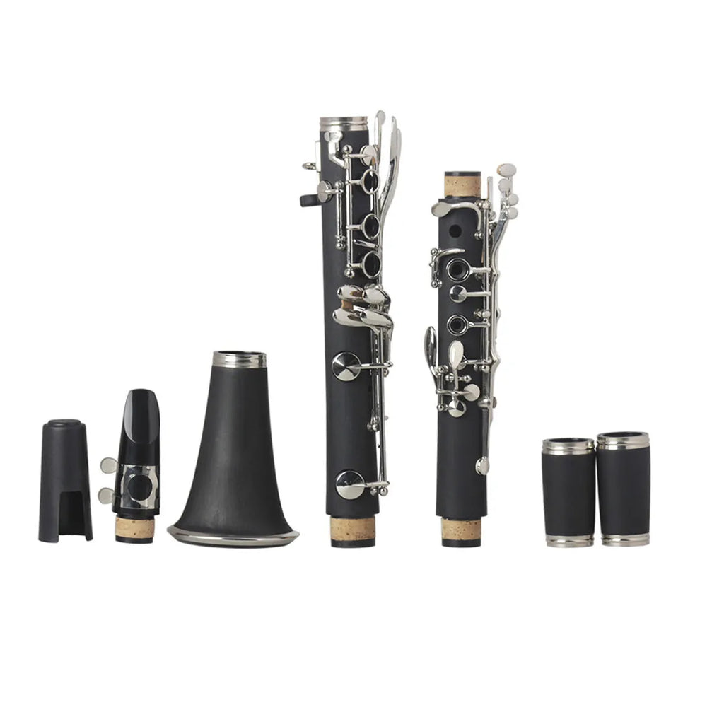 Black Bakelite beginner clarinet with 17 nickel-plated keys and protective bag