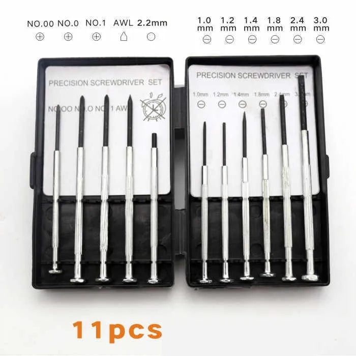 11-piece clock screwdriver set with multiple bit specifications for electronics repair