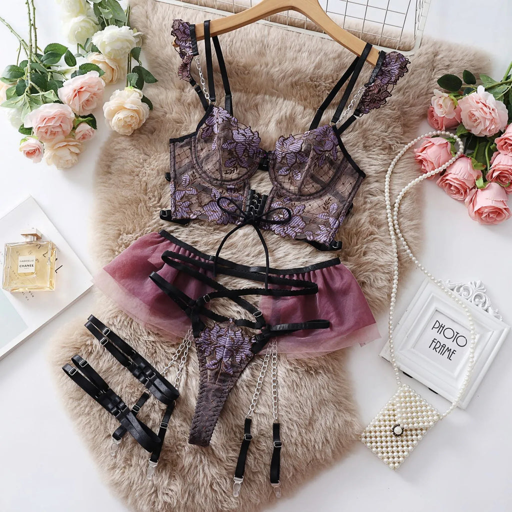 Light blue lace embroidered transparent bra and brief set with three-point mesh panels