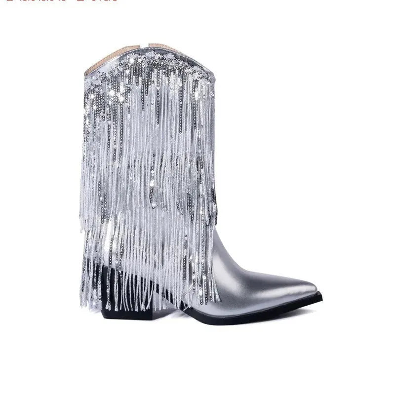 Women's black chunky heel tassel boots with pointed toe and high stiletto heel on a white background.