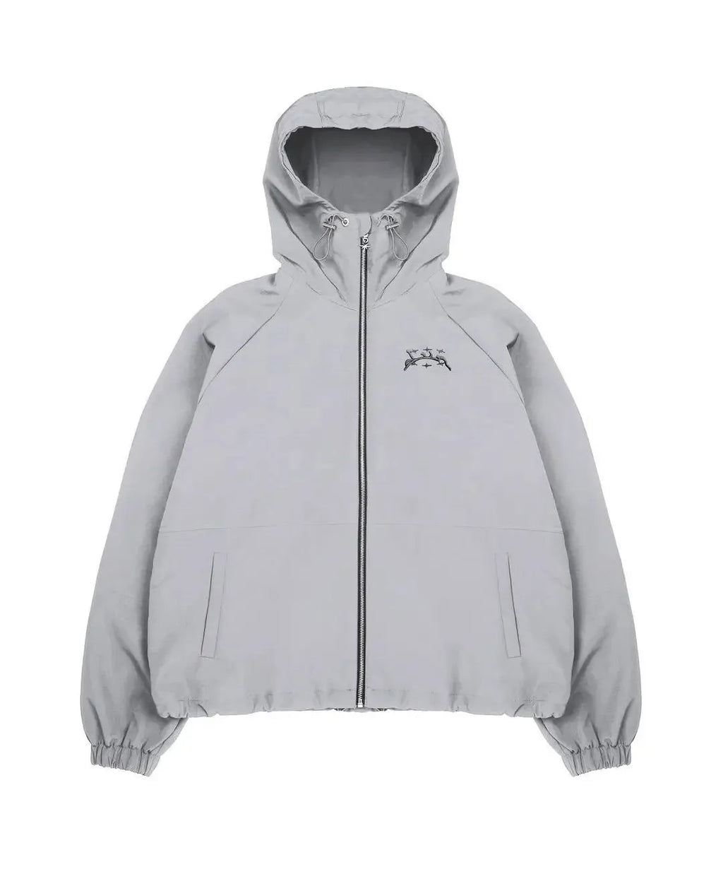 Grey loose-fit men's hooded jacket in British style on a hanger