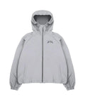 Grey loose-fit men's hooded jacket in British style on a hanger