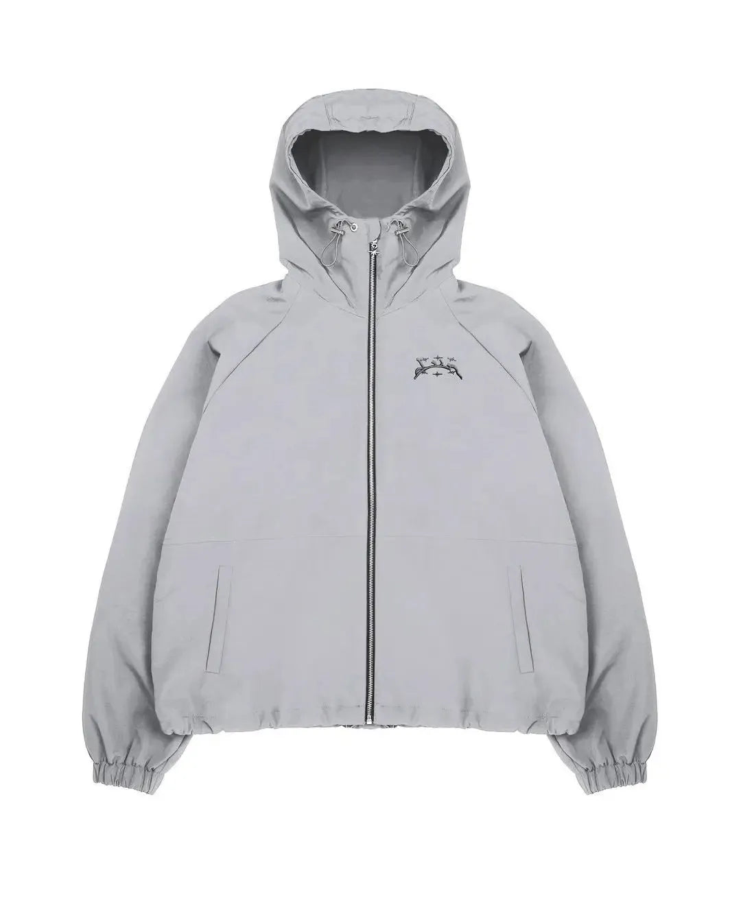 Grey loose-fit men's hooded jacket in British style on a hanger