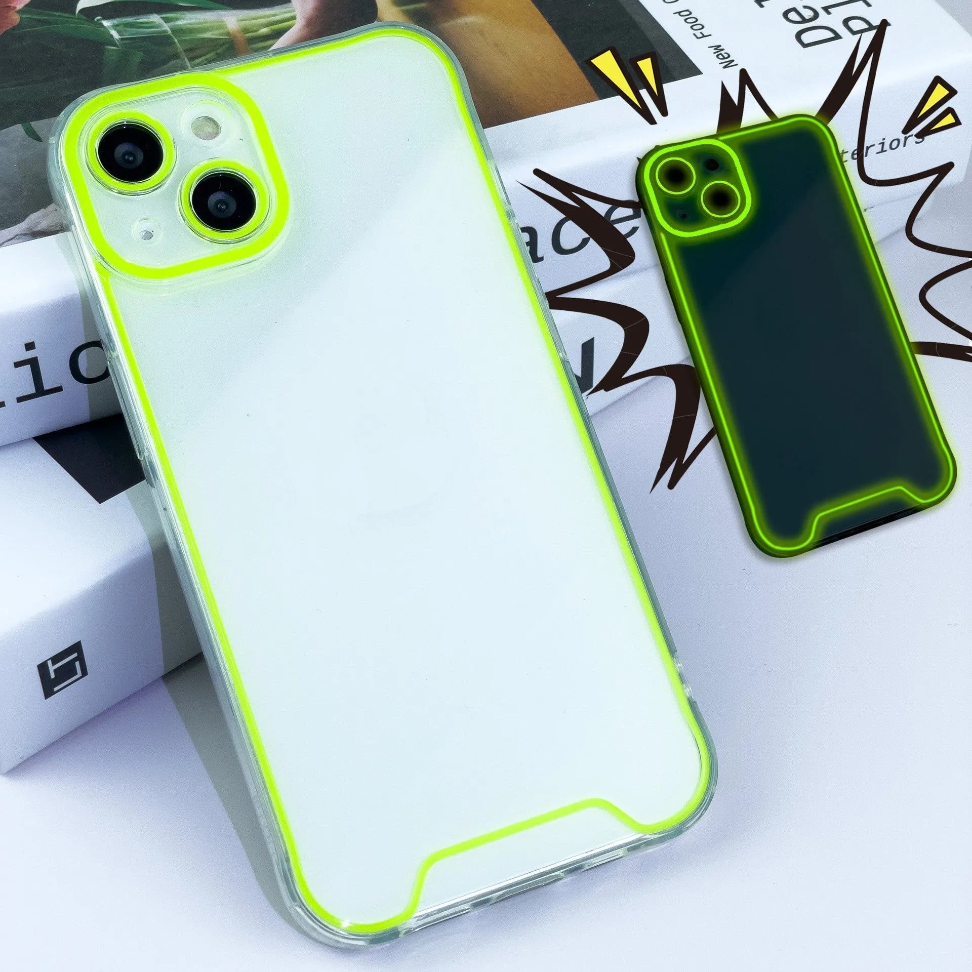 Glow in the dark green Christmas soft shell iPhone case on a table.