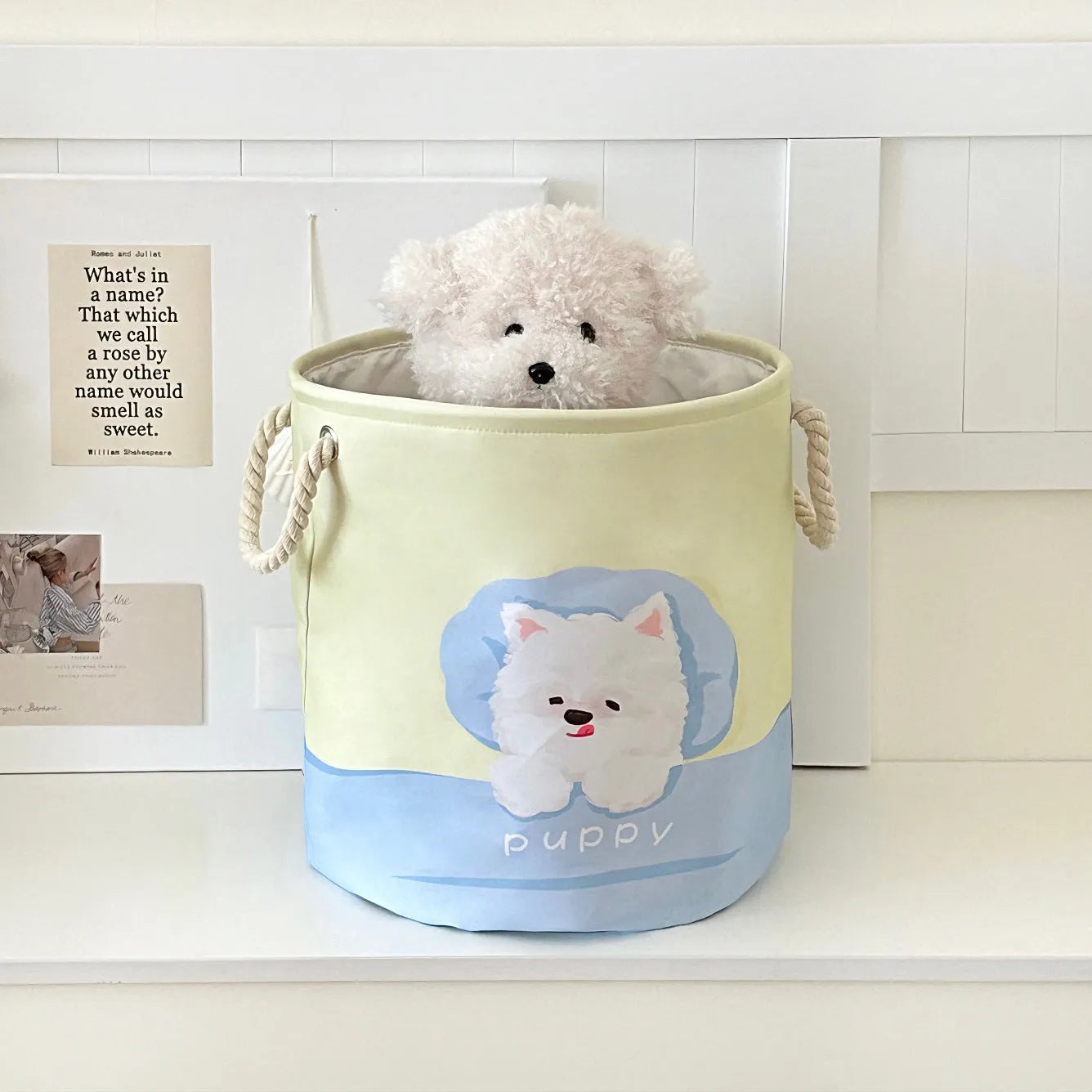 Foldable cotton cloth laundry basket with bear print design for bedroom storage