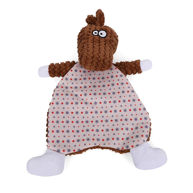 Brown velvet plush fox-shaped pet toy on a white background