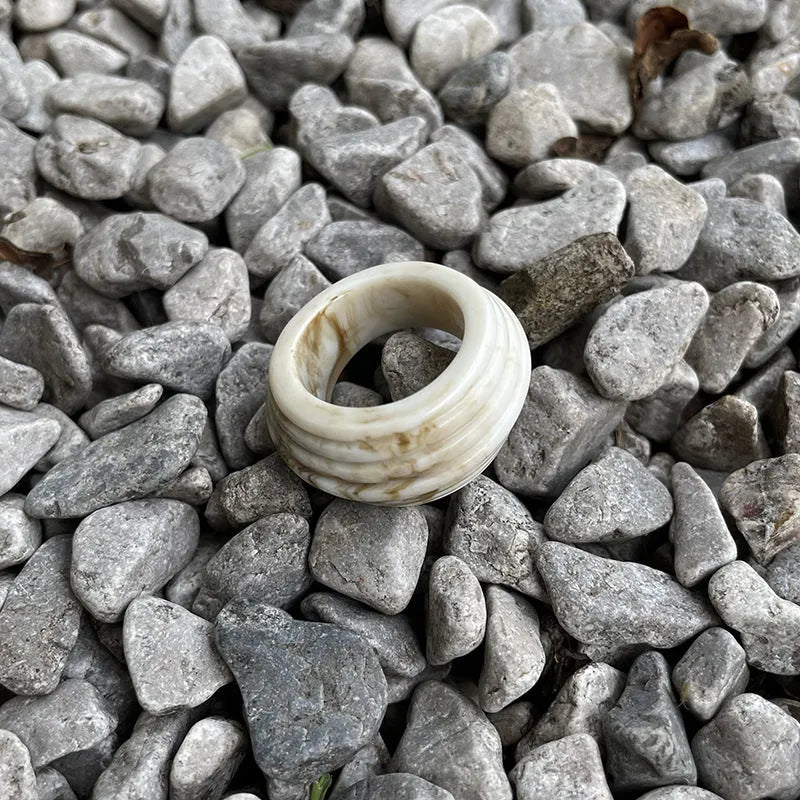Chinese style irregular geometric resin ring with wide band design in Maillard brown colour