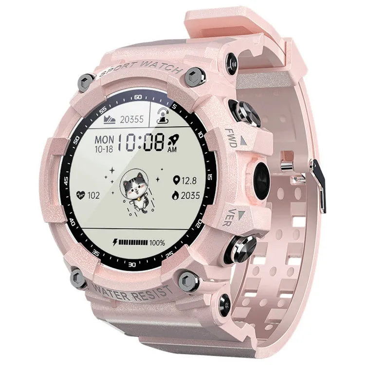 Black smart sports watch with round colour screen showing heart rate display on TPU strap