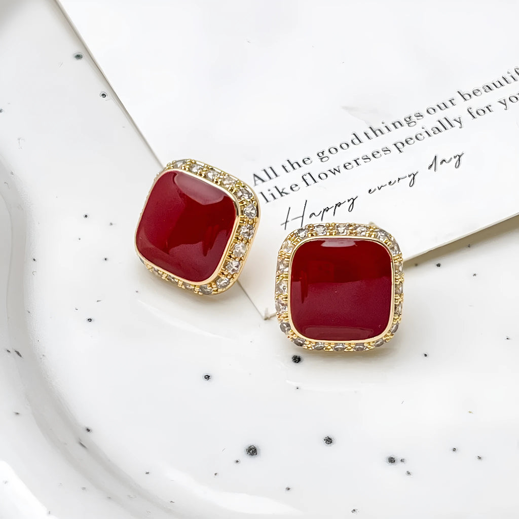 Red square geometric alloy earrings with retro style and simple inlaid design