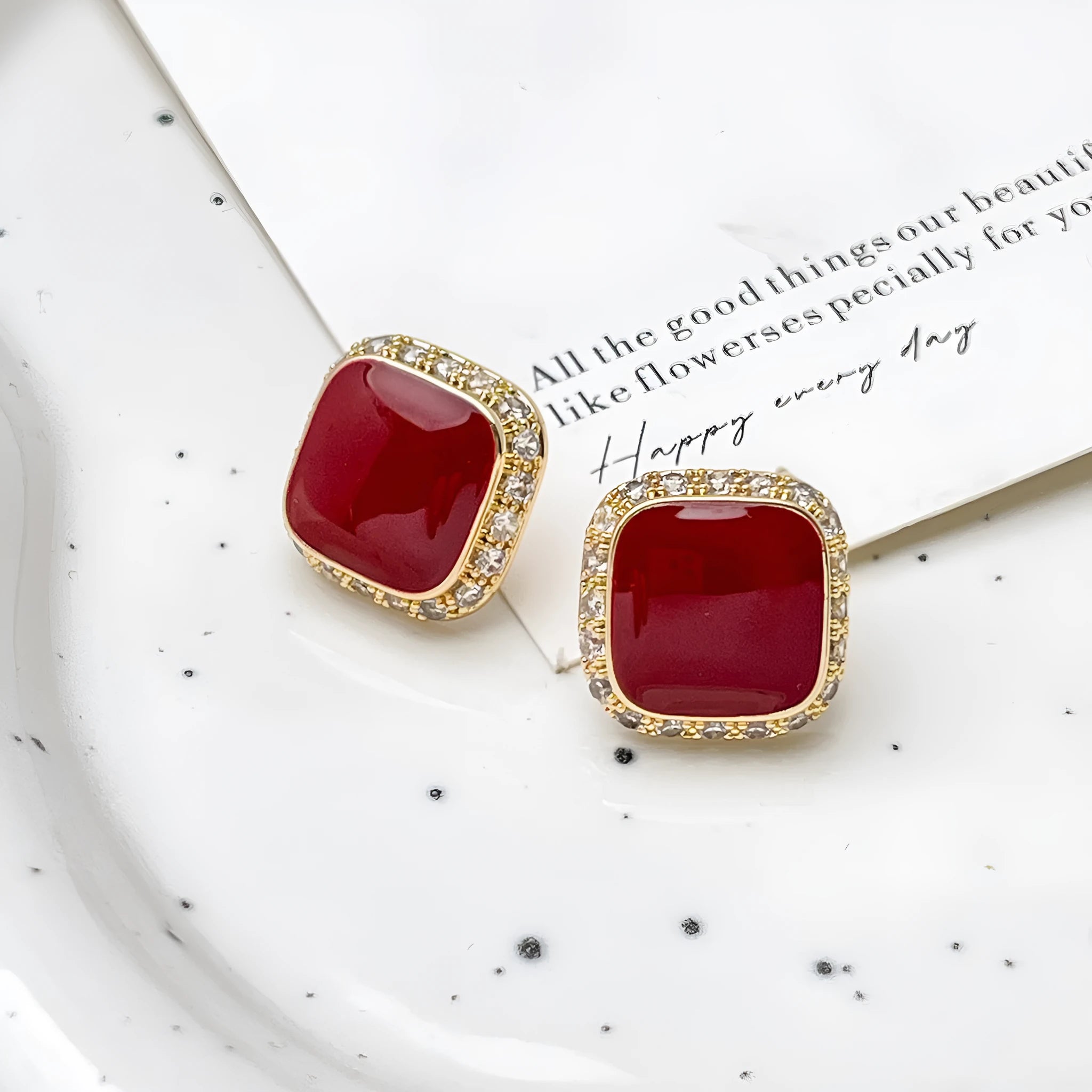 Red square geometric alloy earrings with retro style and simple inlaid design