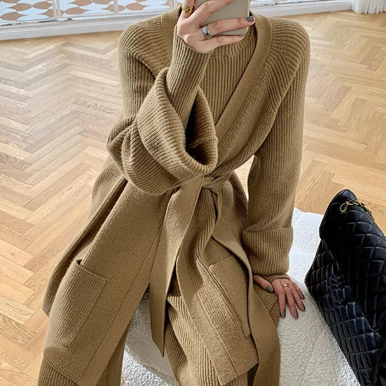 Women's apricot knitted three-piece set featuring wide-leg pants and a cardigan with leather stitching.