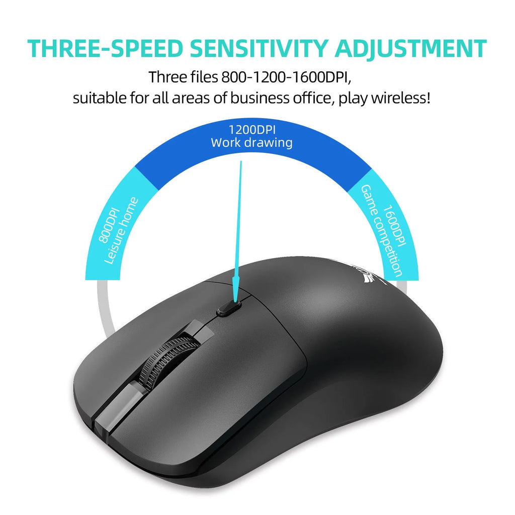 Black wireless computer mouse with three speed settings and battery compartment
