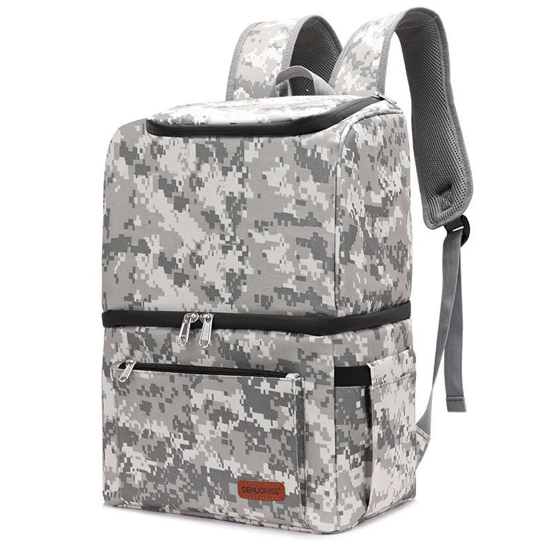 Blue insulated waterproof picnic backpack with double-layer construction and ice pack compartment
