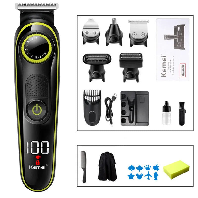 Black rechargeable electric hair clipper set with USB cable and stainless steel blade