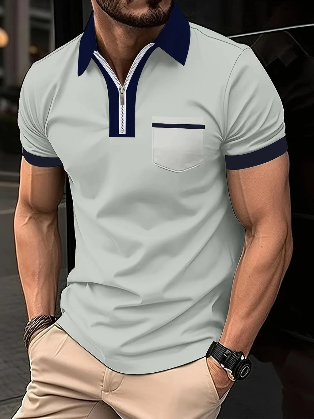 Men's casual short sleeve shirt with chest pocket and zipper detail in a loose fit
