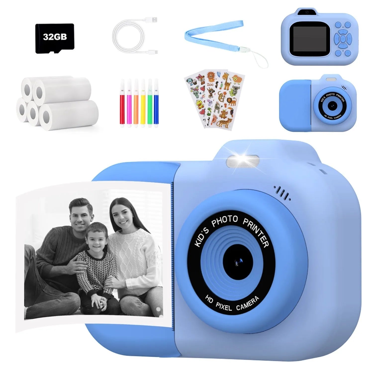Children's plastic digital camera in blue colour with video recording and game functions
