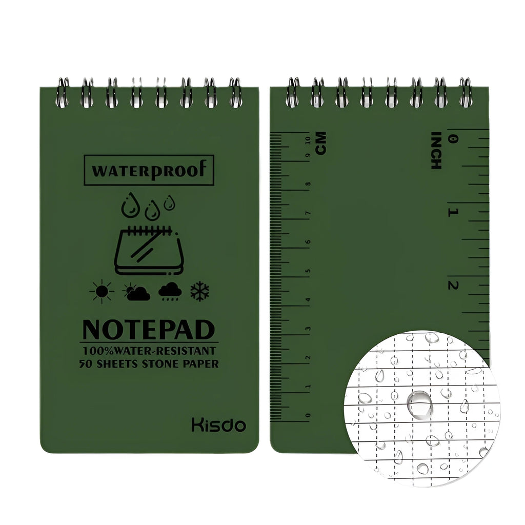 A5 waterproof spiral notepad with stone paper pages and polypropylene cover in camouflage pattern.