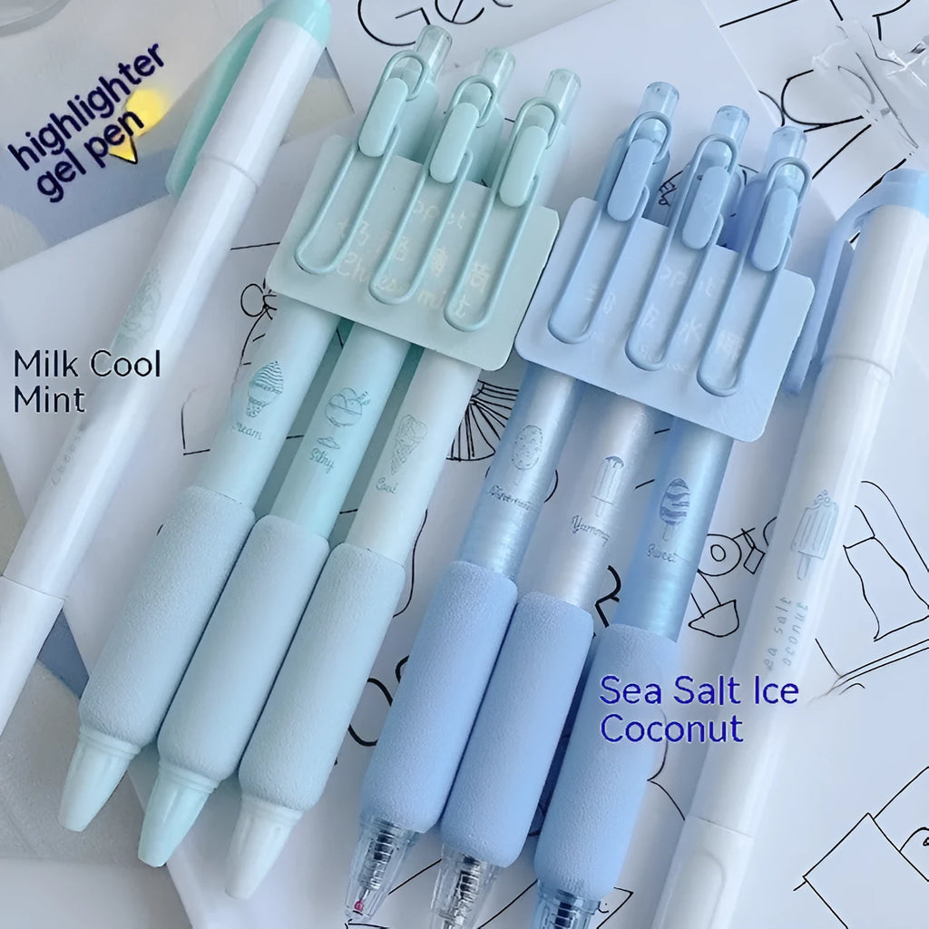 Four student calligraphy pens with 0.5mm double-headed fluorescent tips in plastic cases
