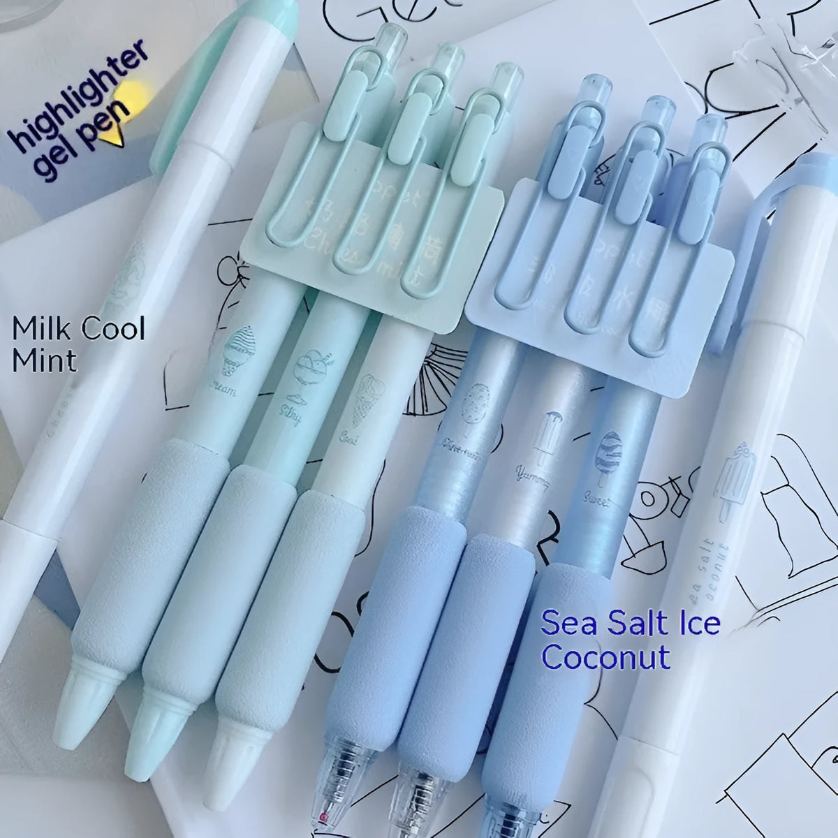Four student calligraphy pens with 0.5mm double-headed fluorescent tips in plastic cases