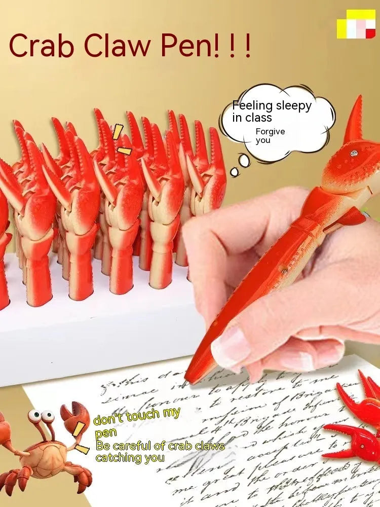 Crab claw novelty ballpoint pen with a pressable metal can clip on a white background.