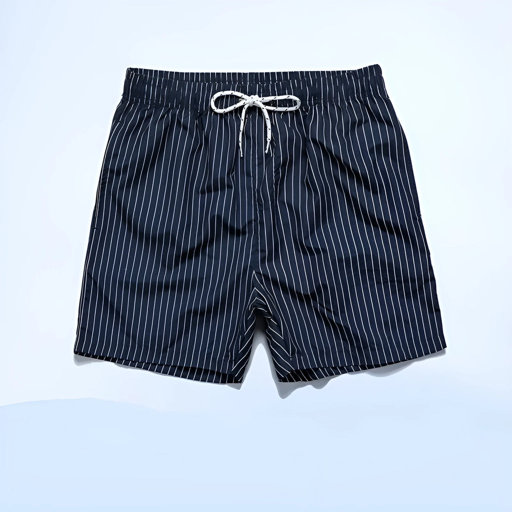 Men's striped polyester beach shorts in grey, shown with a straight leg fit and triangle lining detail.