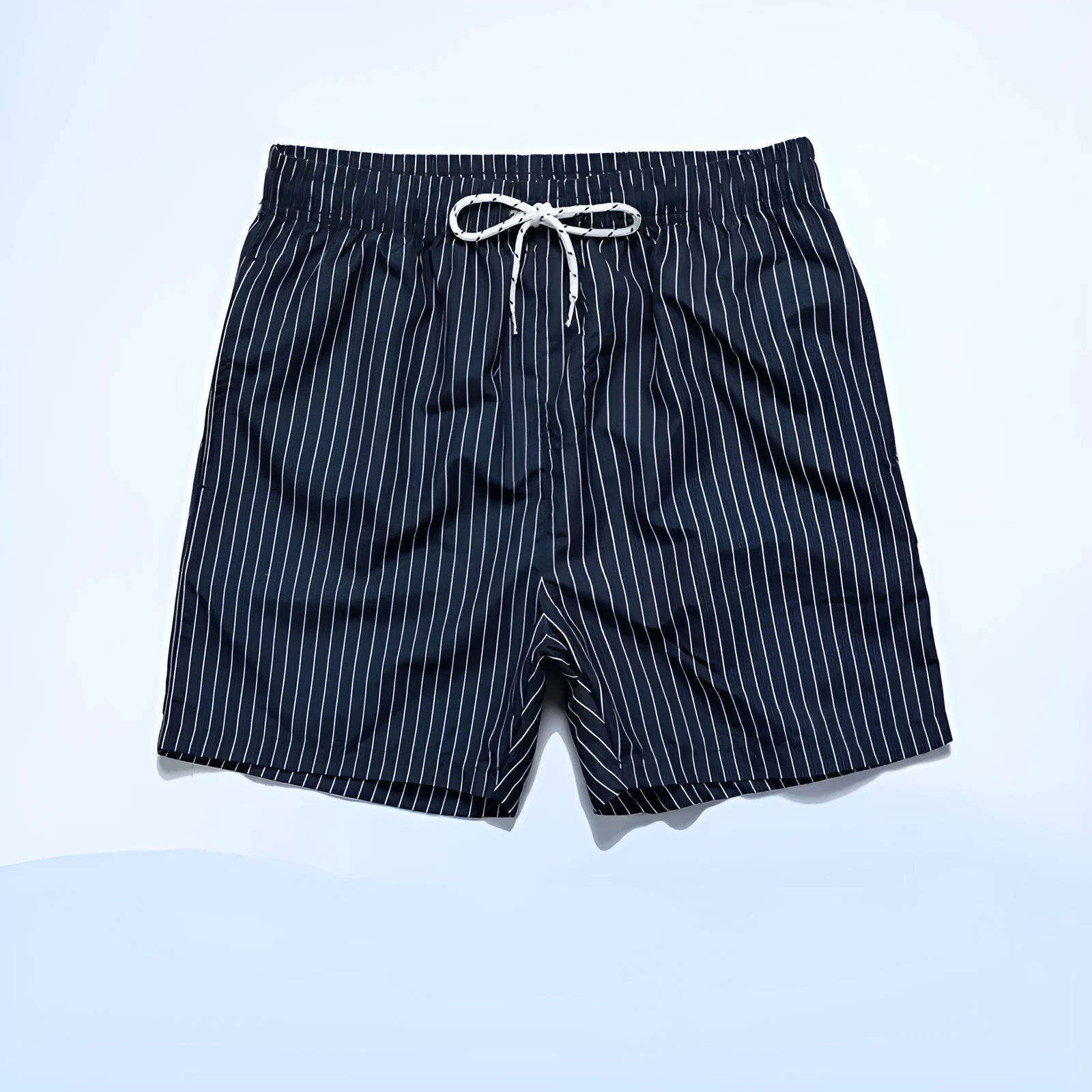 Men's striped polyester beach shorts in grey, shown with a straight leg fit and triangle lining detail.