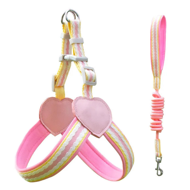 Nylon dog walking vest chest strap with 1.5 metre rope in multiple colour options