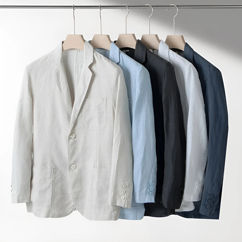 Men's linen casual suit jacket in loose fit with long sleeves available in multiple solid colours