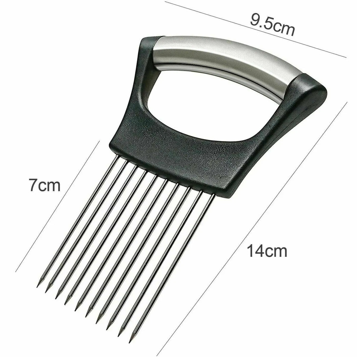 Stainless steel and plastic food slicer holder for onions and tomatoes on a kitchen worktop