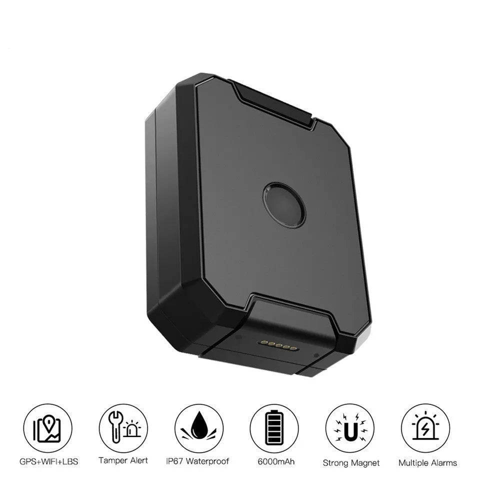 Black car GPS locator device with 6000mAh battery and IP65 rating.