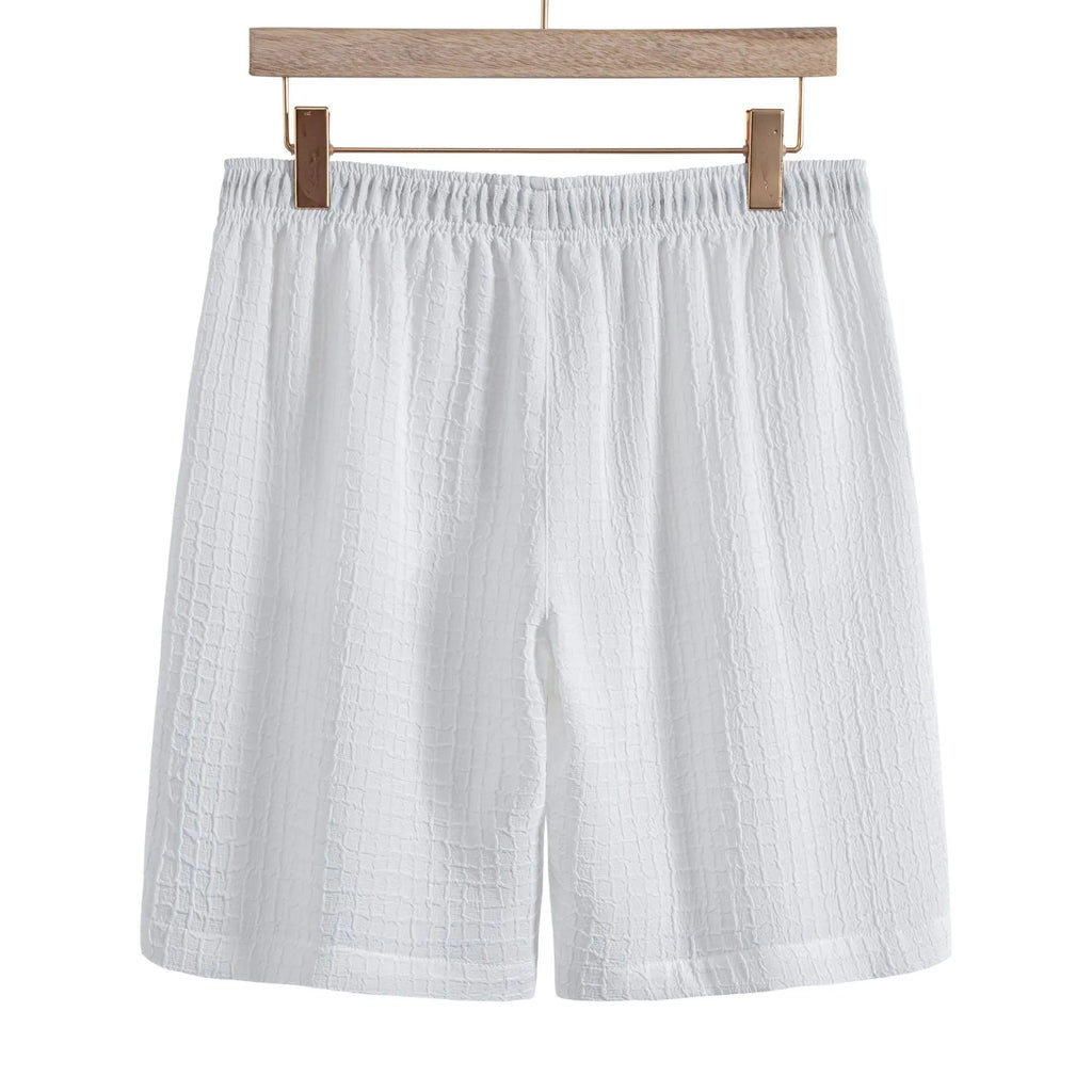 Men's white jacquard patterned short sleeve shirt with matching shorts casual set