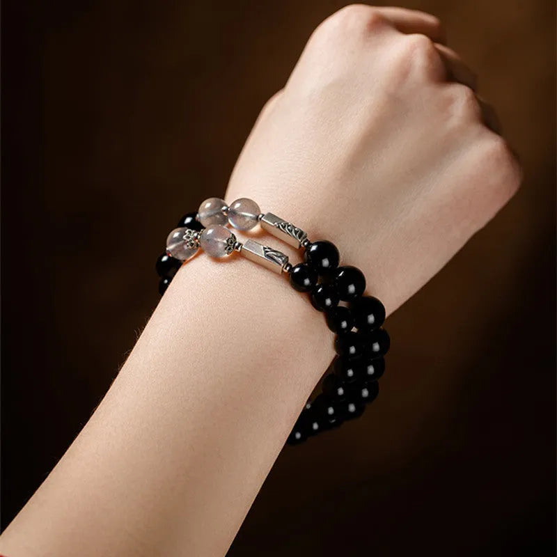 Black obsidian couple bracelet DIY set with 10mm and 8mm beads and adjustable string.