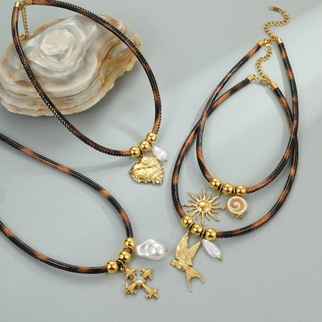 Leopard print geometric pendant necklace on stainless steel chain with adjustable length