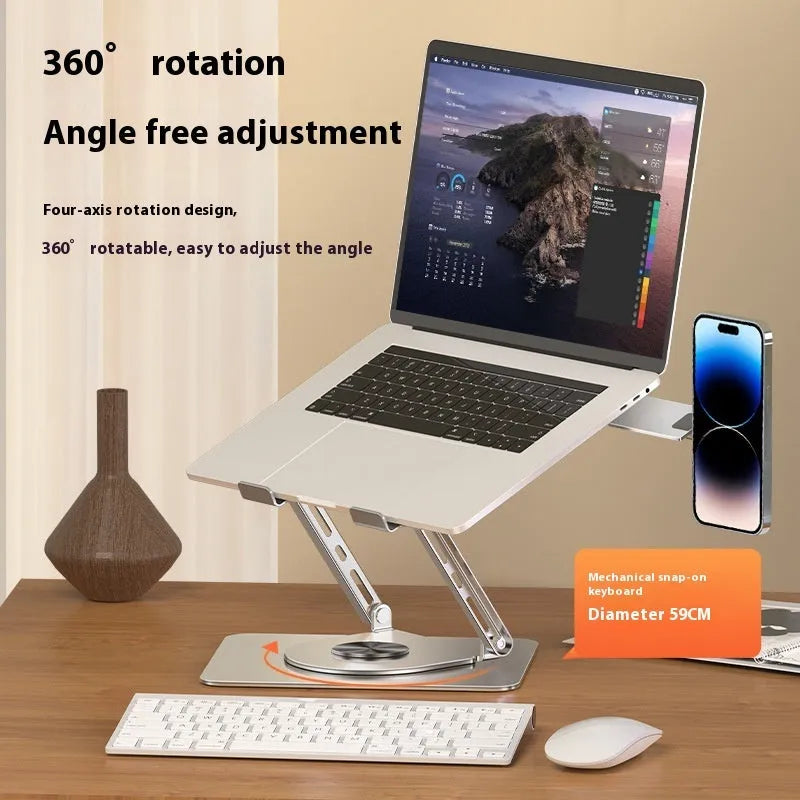Silver carbon steel laptop stand with a side-mounted magnetic phone holder rotated to the front.
