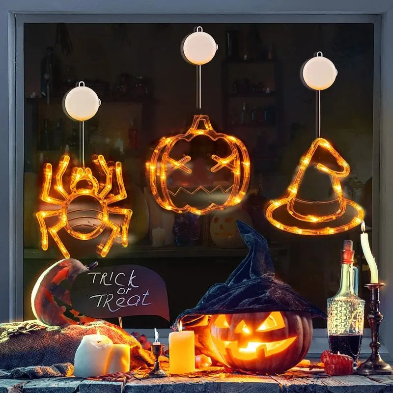 Halloween window hanging LED lights set with spider, pumpkin and ghost designs using battery power