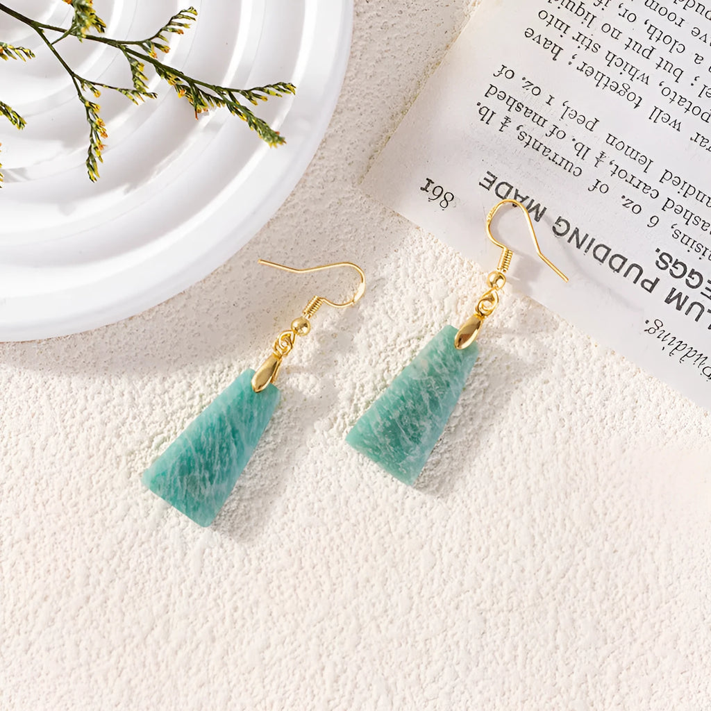 Amazonite rough stone trapezoid geometric earrings in gold or silver finish with octagon design elements