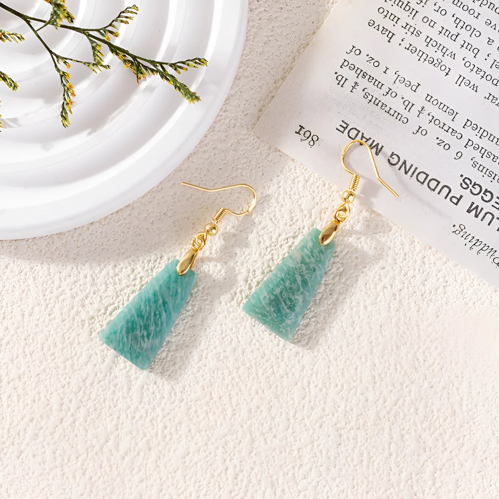 Amazonite rough stone trapezoid geometric earrings in gold or silver finish with octagon design elements