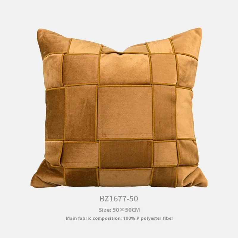 Square 50x50cm chenille woven cushion in a choice of colours like retro green or beige, shown on a sofa.